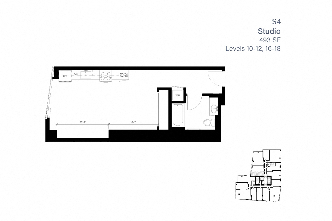 Floor plan for studio, 1 bath, 493 sqft